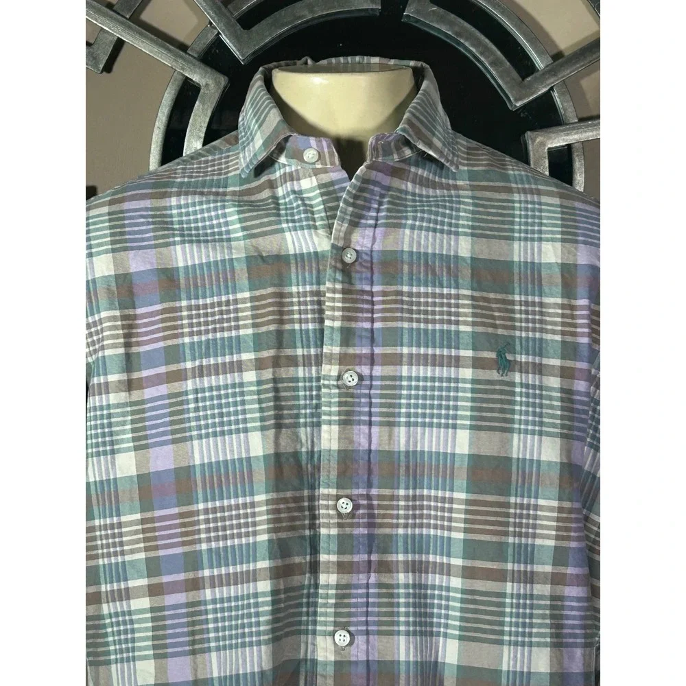 Polo Ralph Lauren Mens Large Classic Fit Plaid Cotton Button Down Shirt Purple